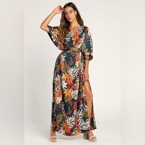 NEW Lulu’s Take a Holiday Navy Blue Tropical Print Maxi Dress Tie Waist Belted